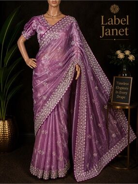 Embroidered Mauve Silk Saree with Silver Motifs & stitched blouse (Brand New)